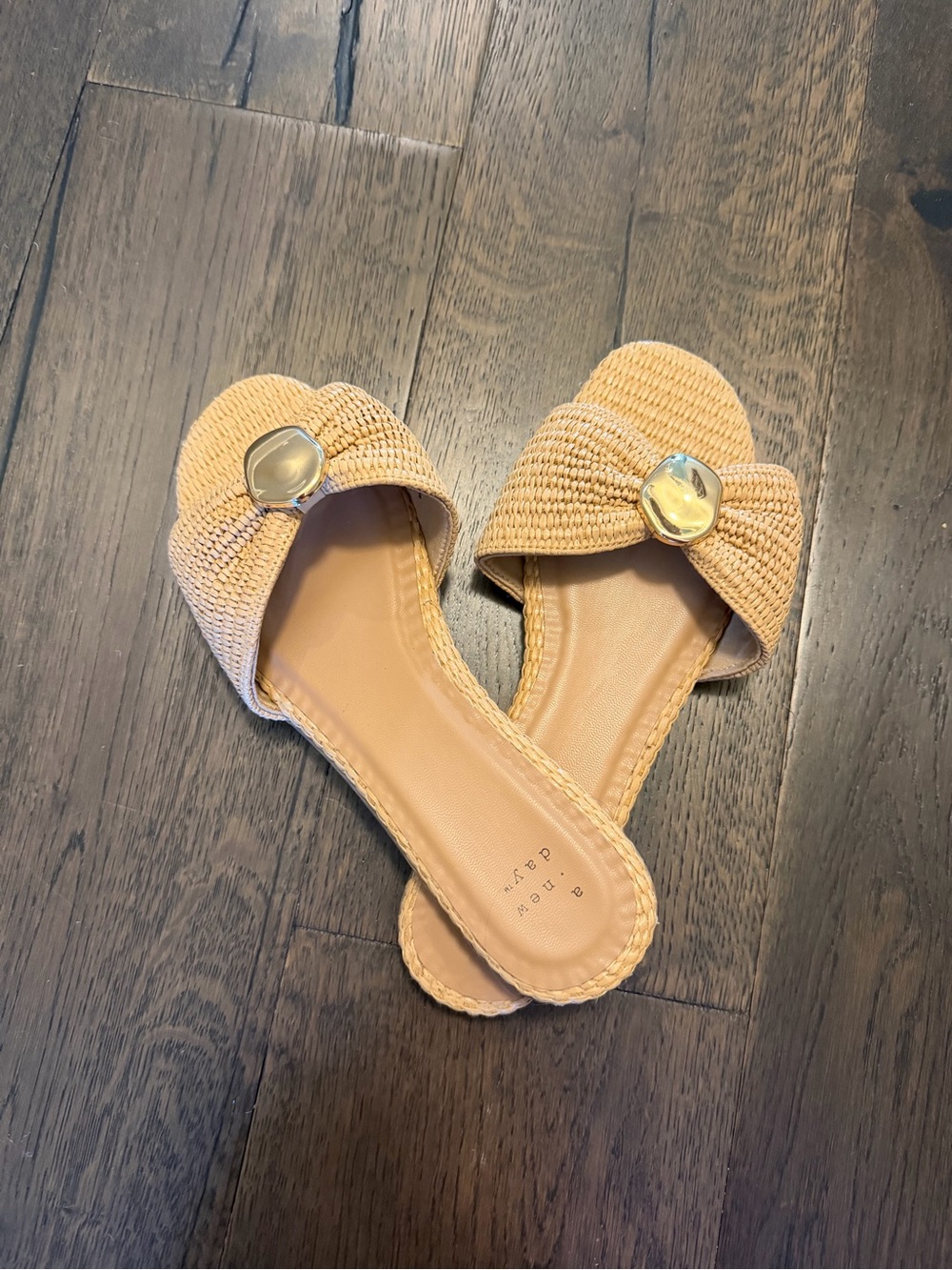 Woven Slide Sandals in Beige with Gold Accent